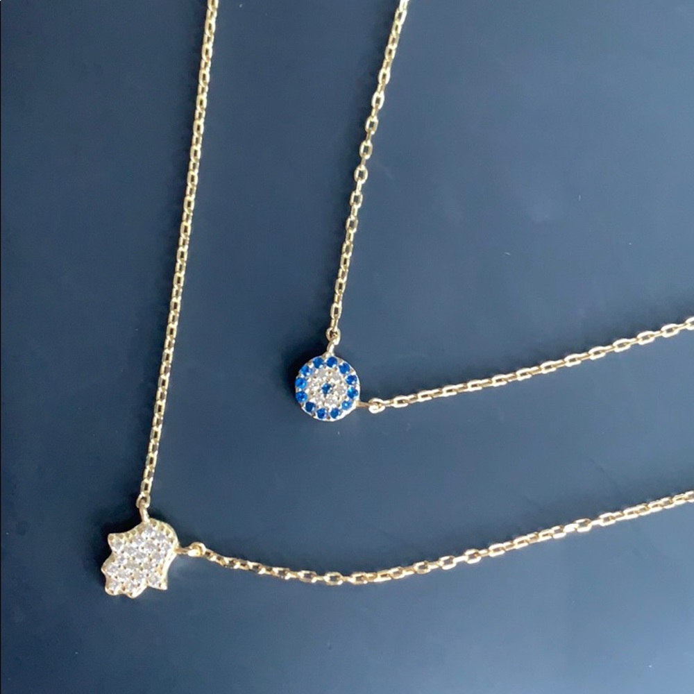 925 Layered Hamsa and Evil Eye Necklace Pave Gold